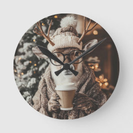 Cozy Reindeer Wall Clock with Coffee - Festive Win Rund Klocka