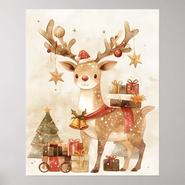 Cozy Reindeer with Christmas Gifts Wall Art Decor Poster (Framsidan)
