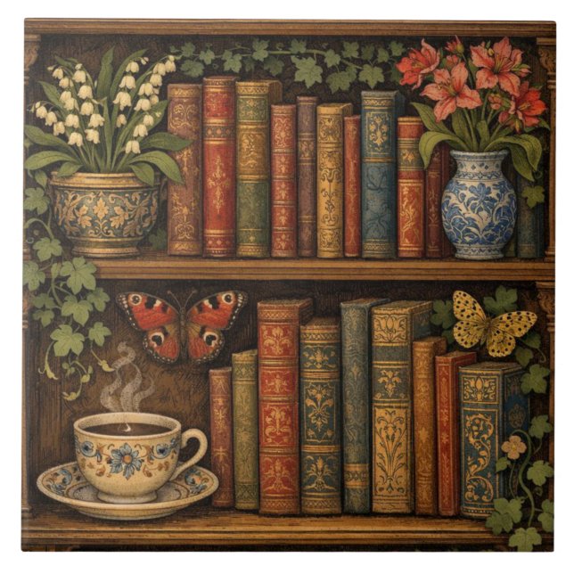 Cozy retro book shelf botanical coffee tea lover kakelplatta (Framsidan)