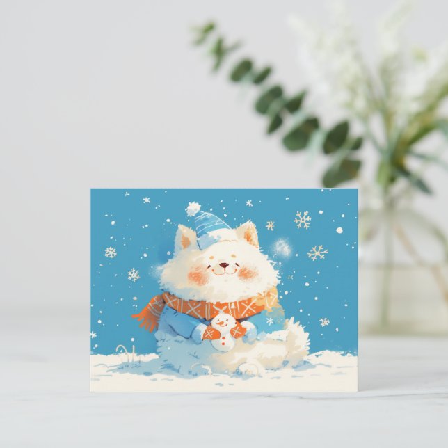 Cozy Samoyed Dog with Mini Snowman Helg Vykort (Stående Fram)