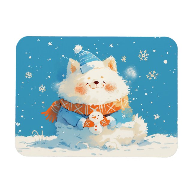Cozy Samoyed Dog with Mini Snowman Magnet (Horisontell)