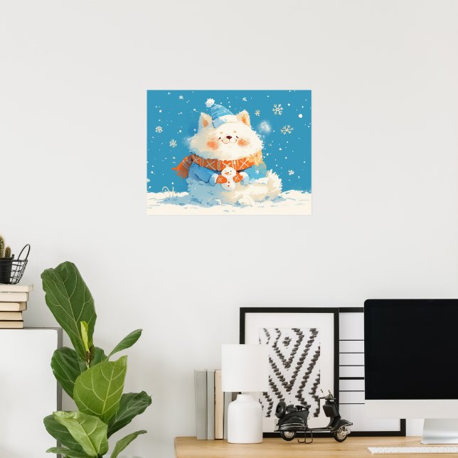 Cozy Samoyed Dog with Mini Snowman Poster (Hemmakontoret)