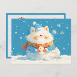 Cozy Samoyed Dog with Mini Snowman Vykort