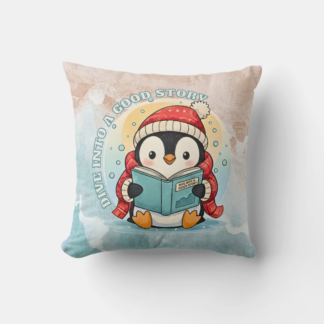 Cozy Scholar Penguin Reading Book Throw Pillow Kudde (Framsida)