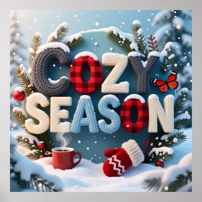 "Cozy Season" Winter Knit & Plaid Typography Snowy Poster (Framsidan)