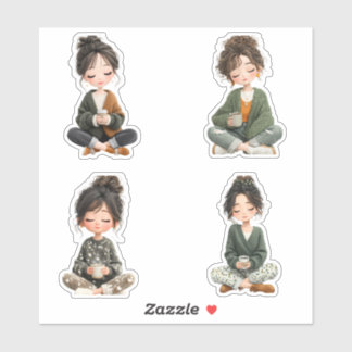 Cozy Sitting Chibi Girl Coffee Sticker Sheet Klistermärken