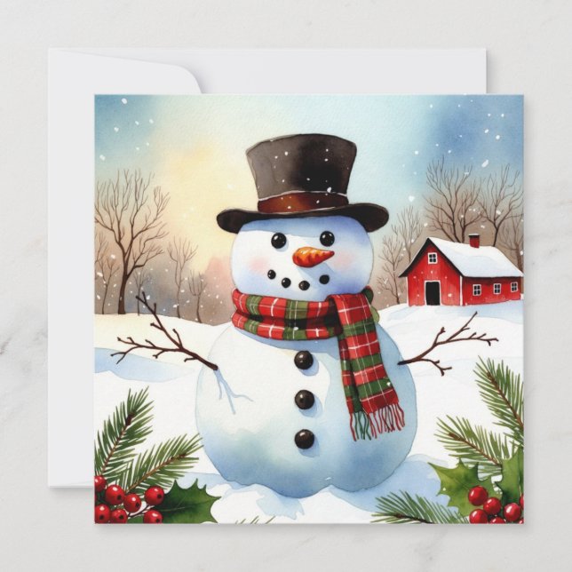 Cozy Snowman Farm Watercolor Christmas Flat Kort (Framsida)