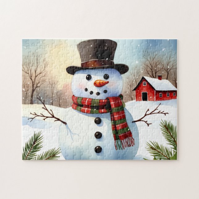 Cozy Snowman Farm Watercolor Christmas Pussel (Horisontell)
