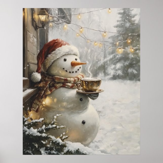 Cozy Snowman with Coffee Christmas Wall Art  Poster (Framsidan)