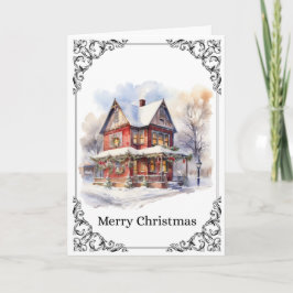 Cozy Snowy Victorian House – Merry Christmas Card Kort