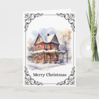 Cozy Snowy Victorian House – Merry Christmas Card Kort
