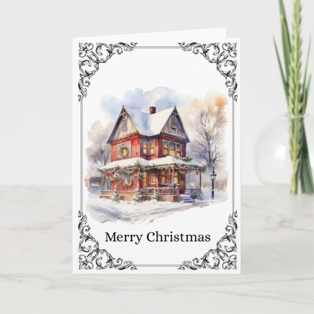 Cozy Snowy Victorian House – Merry Christmas Card Kort (Framsida)