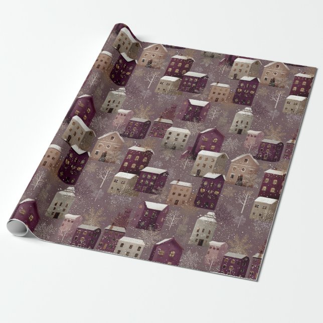 Cozy Snowy Winter Village Pattern (1) Presentpapper (Utrullad)