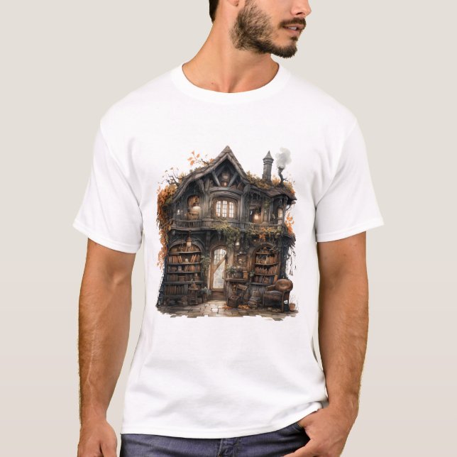 Cozy Storybook Halloween House Autumn Illustration T Shirt (Framsida)