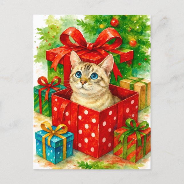 Cozy Surprise Cat Christmas Postcard Helg Vykort (Framsida)