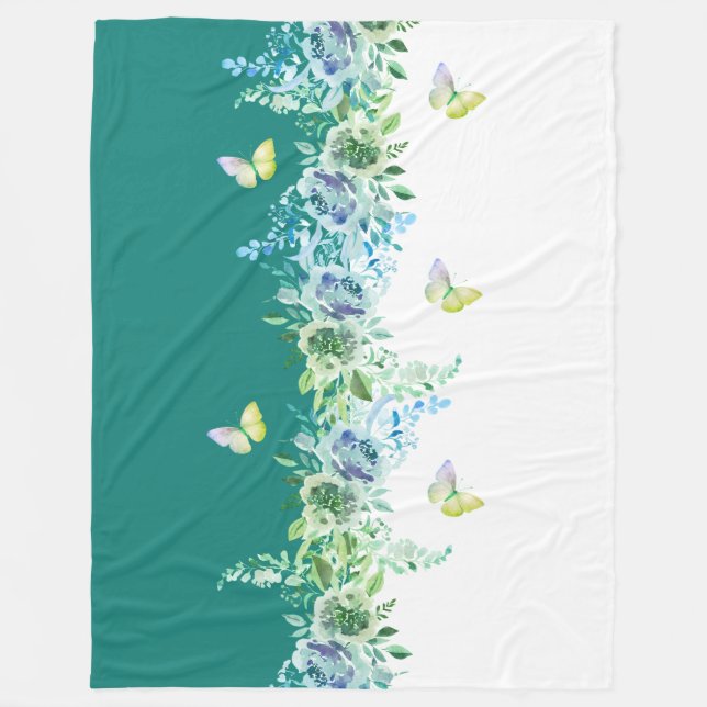 Cozy Teal Floral and Butterfly Sherpa Throw Fleecefilt (Framsidan)