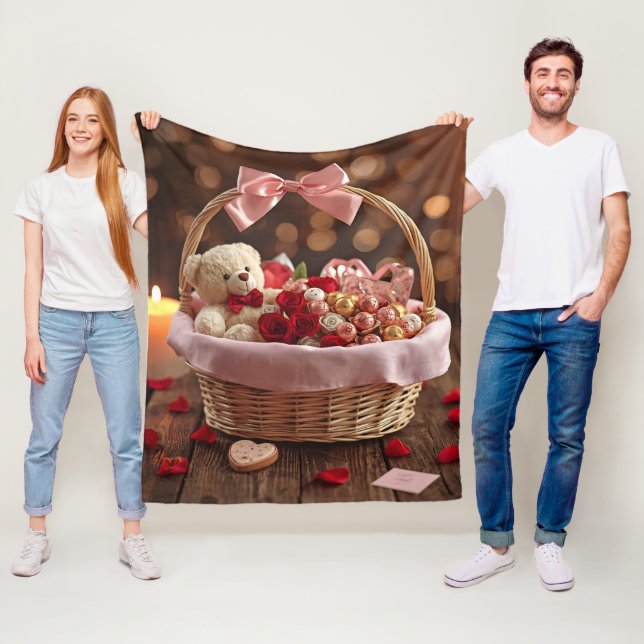 Cozy Teddy Rose Basket Romantic Valentine Fleecefilt (På plats)
