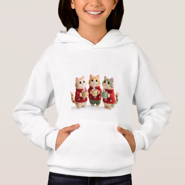 Cozy Three Cats Winter Kids Hoodie T Shirt (Framsida)
