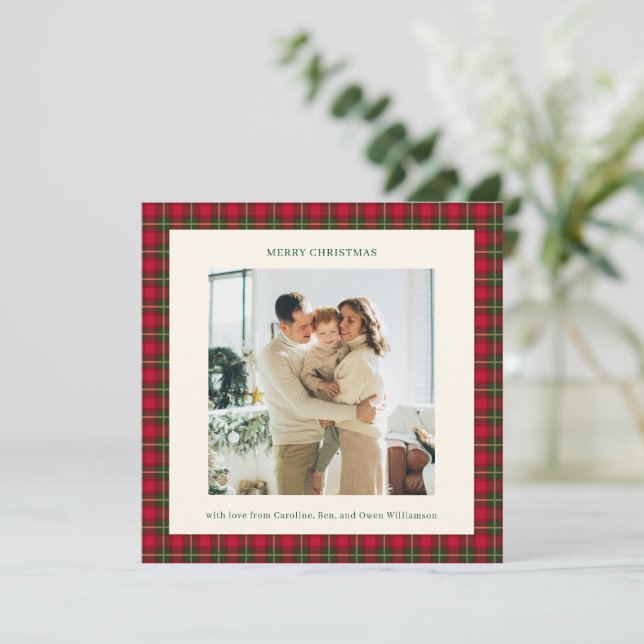 Cozy Traditional Red Plaid Christmas Photo Classic Julkort (Stående Fram)
