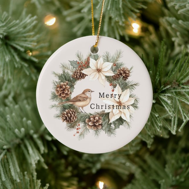 Cozy Warm Christmas Poinsettia Pine Cones Bird Julgransprydnad Keramik (Träd)