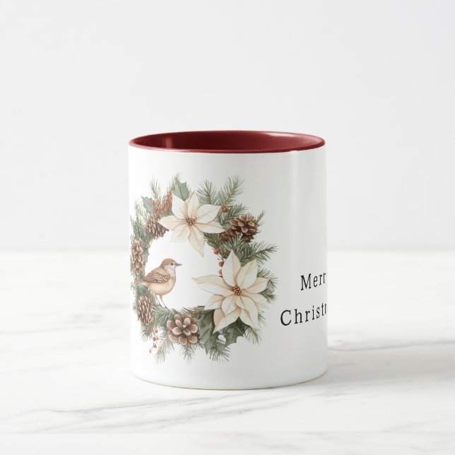 Cozy Warm Christmas Poinsettia Pine Cones Bird Mugg (Center)
