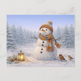 Cozy Watercolor Winter Snowman with Birds Helg Vykort