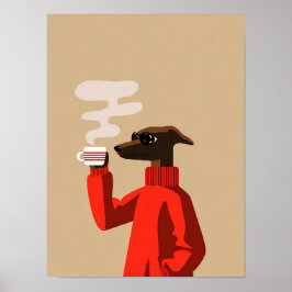 Cozy Whippet Drinking Coffee - Dog Illustration Poster