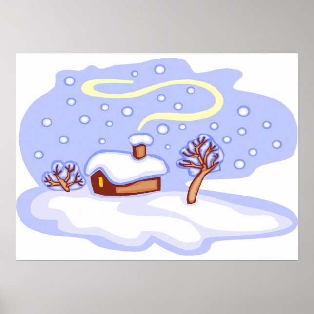 Cozy Winter Cabin in Snow Frosty Landscape Poster (Framsidan)
