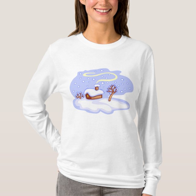 Cozy Winter Cabin in Snow Frosty Landscape T Shirt (Framsida)