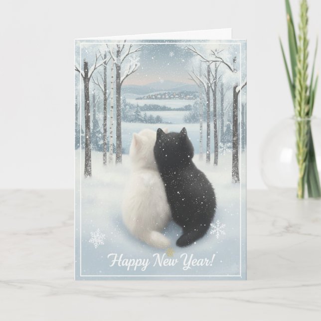 Cozy Winter Cats “Happy New Year” Folded Greeting  Kort (Framsida)