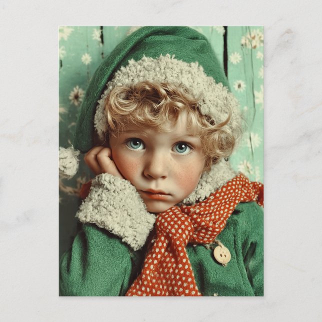 Cozy Winter Elf Child Portrait Helg Vykort (Framsida)