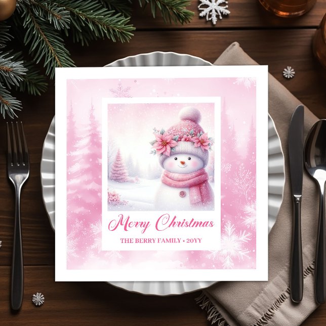 Cozy Winter Forest Pink Snowman Pinkmas Party  Pappersservett (Cozy Winter Forest Pink Snowman Pinkmas Party Napkins)