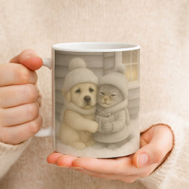 Cozy Winter Mug with Puppy and Kitten Illustration Kaffemugg