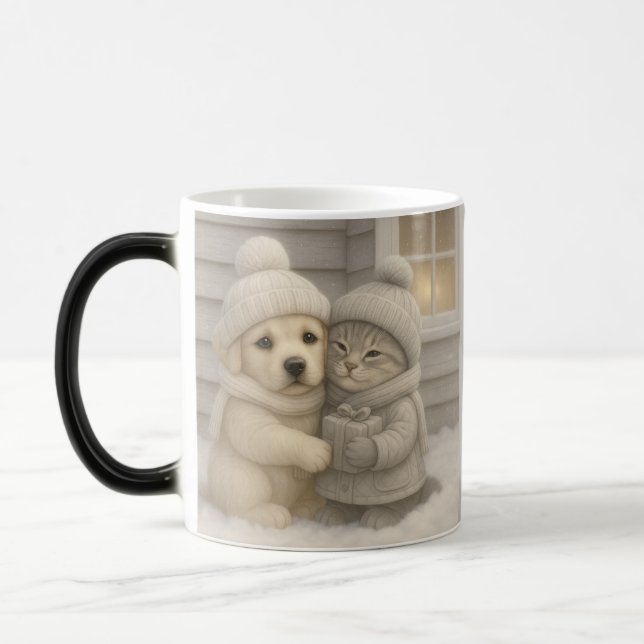 Cozy Winter Mug with Puppy and Kitten Illustration Magisk Mugg (Vänster)