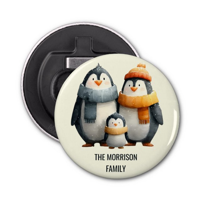 Cozy Winter Penguin Family Flasköppnare (Framsidan)