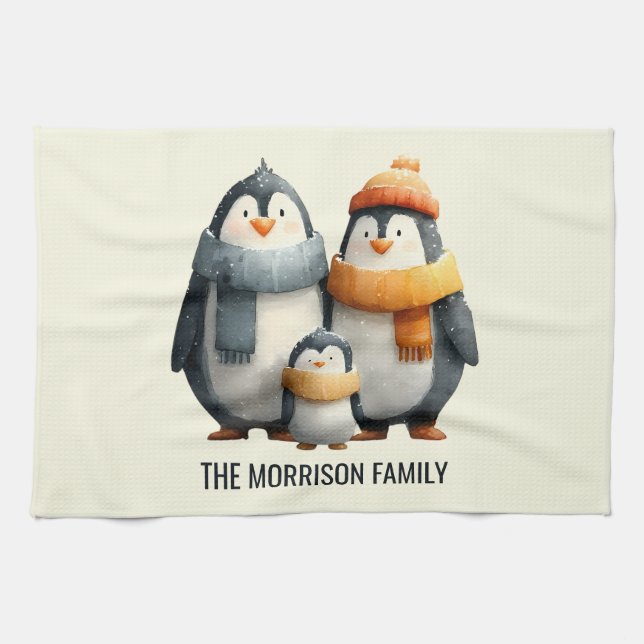 Cozy Winter Penguin Family Kökshandduk (Horisontell)