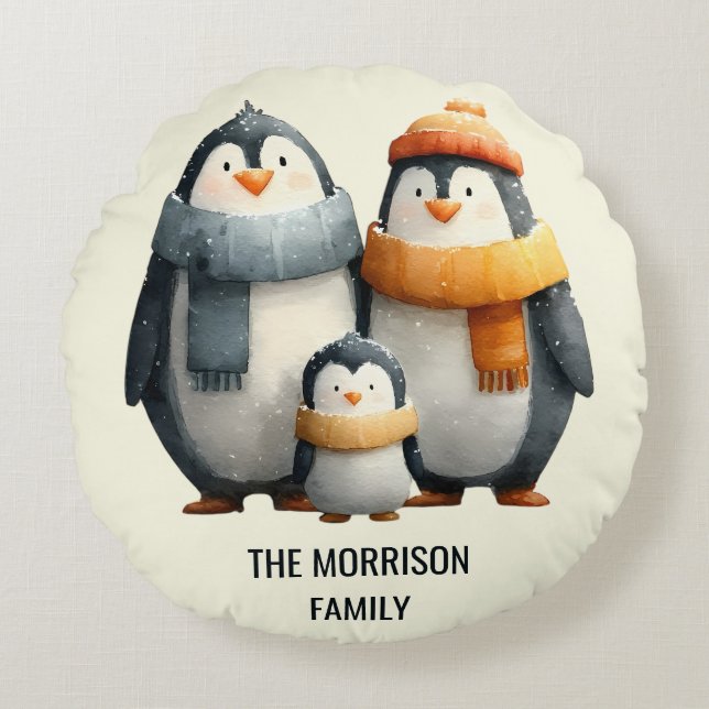 Cozy Winter Penguin Family Rund Kudde (Framsidan)