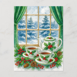 Cozy Winter Tea by the Window Postcard Helg Vykort