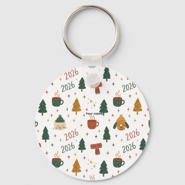 Cozy Winter Vibes 2026 - Cute Puppy and Kitten Chr Nyckelring (Framsida)