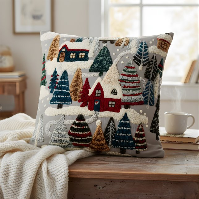 Cozy Winter Village & Forest Textured Art Style Kudde (Skapare uppladdad)