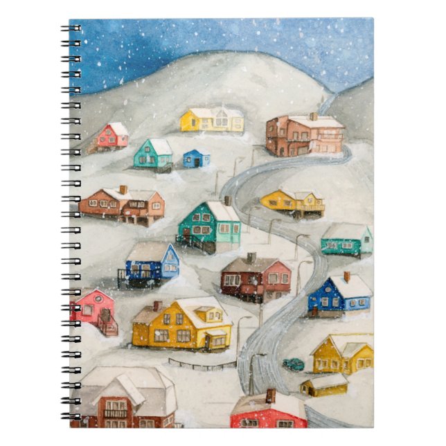 Cozy Winter Village Watercolor Anteckningsbok (Framsidan)