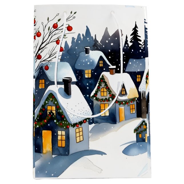 Cozy Winter Village Watercolor Christmas Gift Bag (Framsidan)