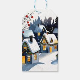 Cozy Winter Village Watercolor Christmas Gift Tags Presentetikett