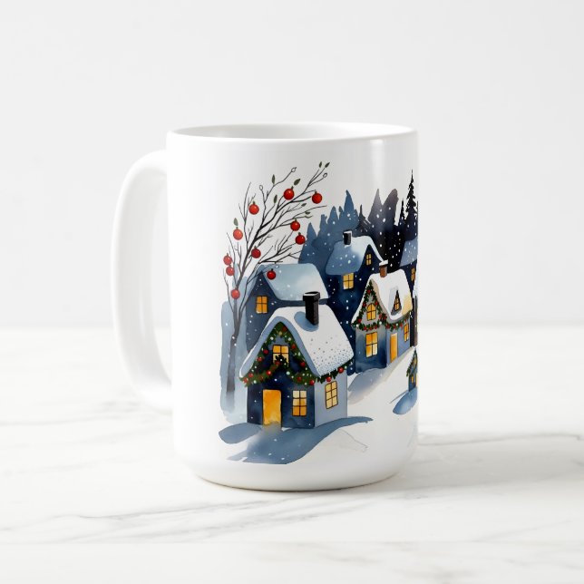 Cozy Winter Village Watercolor Christmas Kaffemugg (Framsida vänster)