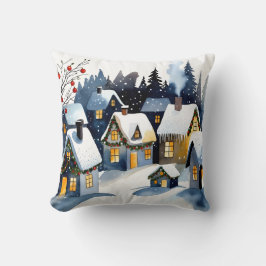 Cozy Winter Village Watercolor Christmas Kudde