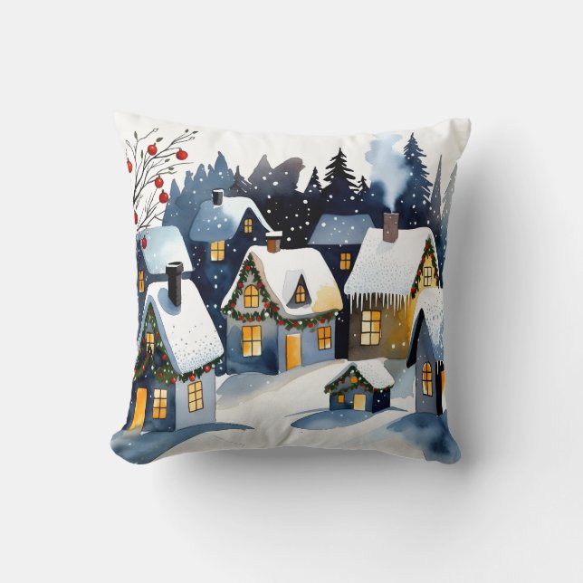 Cozy Winter Village Watercolor Christmas Kudde (Framsida)