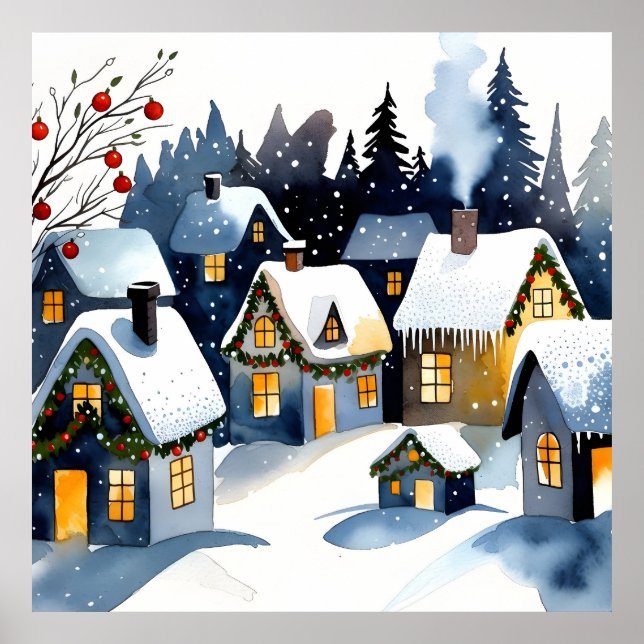 Cozy Winter Village Watercolor Christmas Wall Art  Poster (Framsidan)