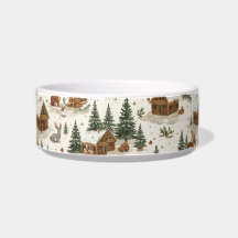 Cozy Woodland Cabin Cat Bowl – Rabbits, Pine Trees