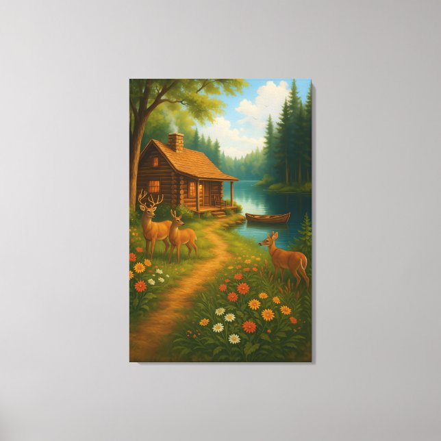 Cozy Woodland Cabin With Deer Stretched Canvas (Framsida)