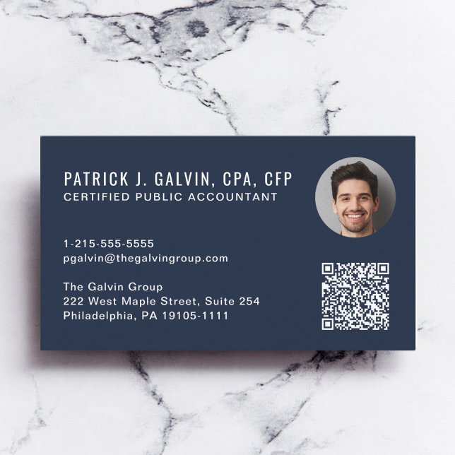 CPA-revisor QR-kod Blå Foto Visitkort (CPA Accountant QR Code Blue Photo Business Card)